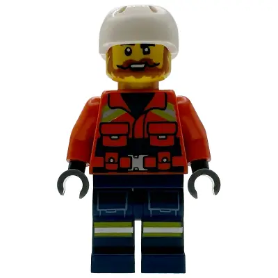  Coast Guard City - Male, Reddish Orange Jacket with Pockets and Reflective Stripes, Dark Blue Legs with Pockets and Reflective Stripes, White Sports Helmet