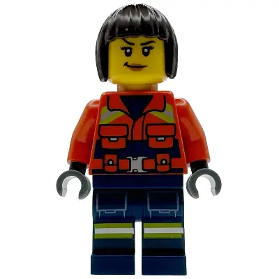  Coast Guard City - Female, Reddish Orange Jacket with Pockets and Reflective Stripes, Dark Blue Legs with Pockets and Reflective Stripes, Dark Brown Bob Cut Hair