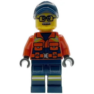  Coast Guard City - Male, Reddish Orange Jacket with Pockets and Reflective Stripes, Dark Blue Legs with Pockets and Reflective Stripes, Dark Blue Cap, Glasses and Moustache