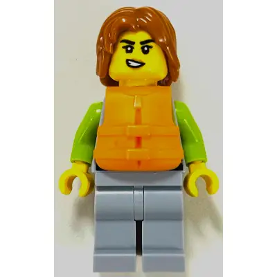  Woman - Light Bluish Gray and Lime Wetsuit, Light Bluish Gray Legs, Dark Orange Hair, Orange Life Jacket