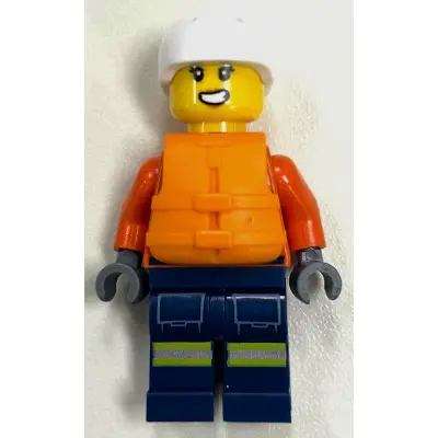  Coast Guard City - Female, Reddish Orange Jacket with Pockets and Reflective Stripes, Dark Blue Legs with Pockets and Reflective Stripes, Orange Life Jacket, White Sports Helmet