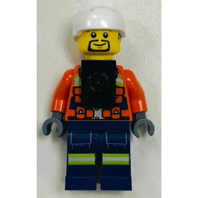  Coast Guard City - Male, Reddish Orange Jacket with Pockets and Reflective Stripes, Dark Blue Legs with Pockets and Reflective Stripes, White Sports Helmet, Black Neck Bracket