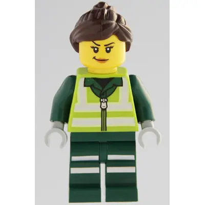 Recycling Worker - Female, Lime Safety Jacket with Reflective Stripes, Dark Green Legs with Reflective Stripes, Dark Brown Ponytail and Swept Sideways Fringe