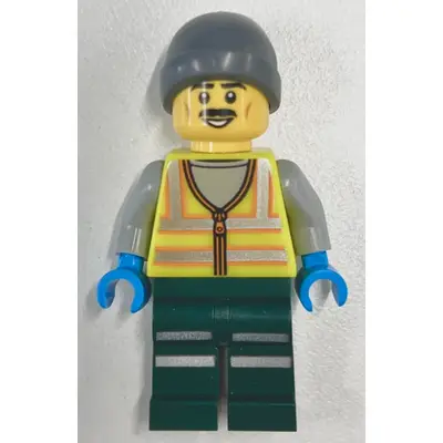  Snowplow Driver - Male, Neon Yellow Safety Vest with Reflective Stripes, Dark Green Legs with Reflective Stripes, Gray Beanie