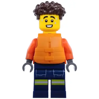 Coast Guard City - Male, Reddish Orange Jacket with Pockets and Reflective Stripes, Dark Blue Legs with Pockets and Reflective Stripes, Orange Life Jacket, Dark Brown Hair