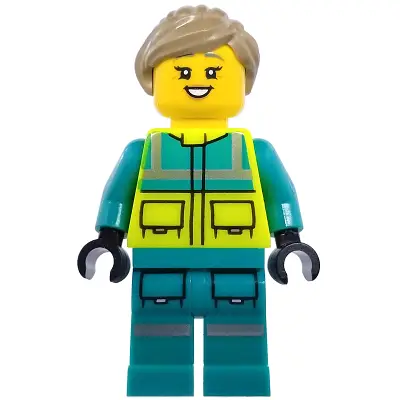  Paramedic - Female, Dark Turquoise and Neon Yellow Safety Vest, Legs with Silver Reflective Stripes, Dark Tan Hair