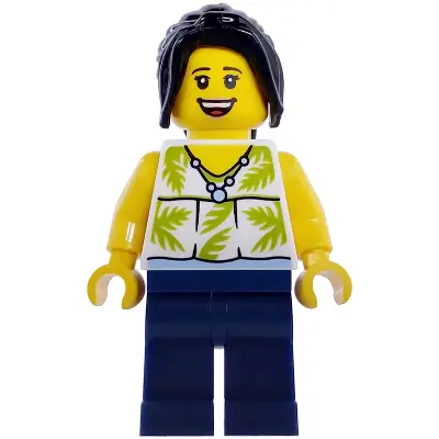  Plane Passenger - Female, White Sleeveless Top with Lime Palm Leaves, Dark Blue Legs, Black Hair Ponytail