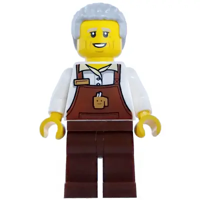  Barista - Male, Reddish Brown Apron with Cup and Name Tag, Reddish Brown Legs, Light Bluish Gray Hair Coiled