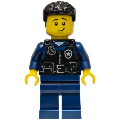 Police - City Officer Male, Black Safety Vest with Silver Star Badge Logo, Dark Blue Legs, Black Coiled Hair