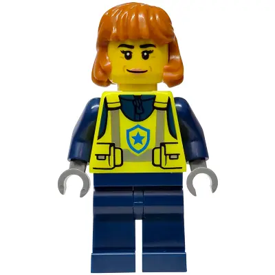 Police - City Officer Female, Neon Yellow Safety Vest, Dark Blue Legs, Dark Orange Mid Length Hair, Closed Mouth Smile