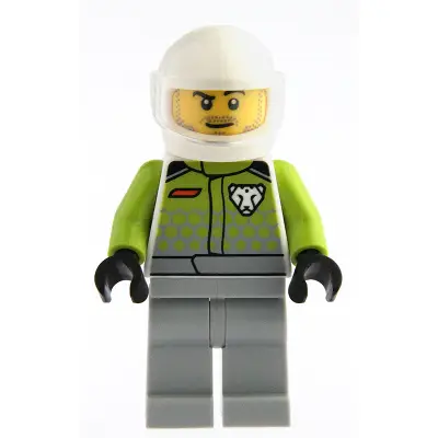 Go-Kart Driver - Male, Lime Racing Suit with Leopard Logo, Light Bluish Gray Legs, White Helmet, Trans-Clear Visor, Goatee Stubble