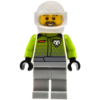 Race Car Driver - Male, Lime Racing Suit with Leopard Logo, Light Bluish Gray Legs, White Helmet, Trans-Clear Visor, Beard Stubble, Open Mouth Smile