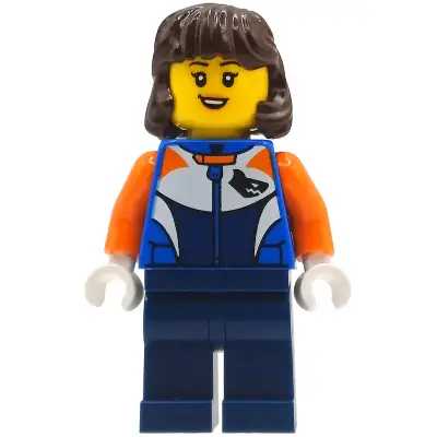 Bike Racer - Female, Racing Suit with Shark Head Logo, Dark Blue Legs, Dark Brown Hair Mid-Length