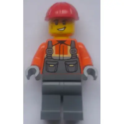 Construction Worker - Male, Dark Bluish Gray Overalls over Reddish Orange Safety Jacket with Reflective Stripes, Dark Bluish Gray Legs, Red Construction Helmet, Lopsided Grin and Scuff