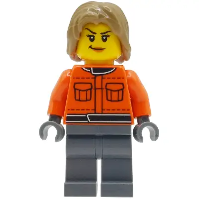Formula 1 Pit Crew Member - Female, Reddish Orange Racing Suit with Pockets, Dark Bluish Gray Legs, Dark Tan Tousled Hair