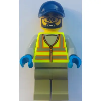  Street Sweeper - Male, Neon Yellow Safety Vest with Reflective Stripes, Olive Green Legs, Dark Blue Cap