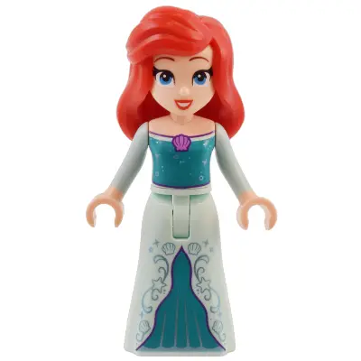  Ariel, Human (Light Nougat) - Light Aqua Dress with Stars, Medium Lavender Shell, Dark Purple Trim, Red Hair with Left Side Part and High Bangs