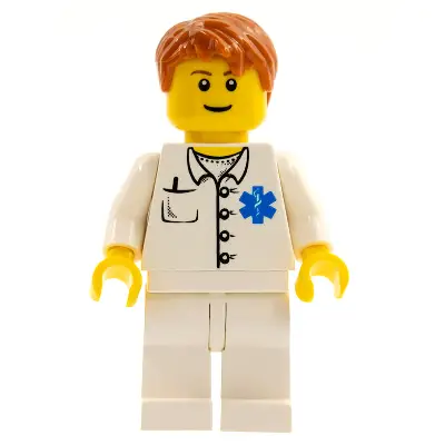  Doctor - EMT Star of Life Button Shirt, White Legs, Dark Orange Short Tousled Hair, Reddish Brown Eyebrows
