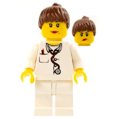  Doctor - Lab Coat Stethoscope and Thermometer, White Legs, Reddish Brown Female Ponytail Hair, Dual Sided Head