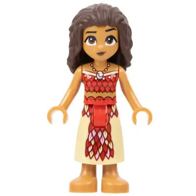  Moana (Medium Nougat) - Mini Doll, Dark Red and Red Strapless Top, Tan Long Skirt with Feathers, Dark Brown Hair
