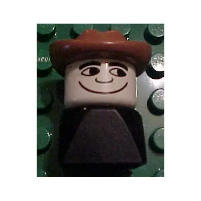  Duplo 2 x 2 x 2 Figure Brick Early, Male on Black Base, Fabuland Brown Western Hat, Looking Left