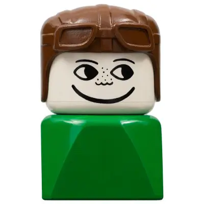  Duplo 2 x 2 x 2 Figure Brick Early, Male on Green Base, Brown Aviator Hat
