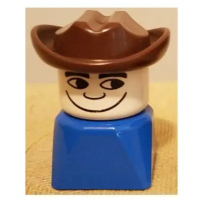  Duplo 2 x 2 x 2 Figure Brick Early, Male on Blue Base, Fabuland Brown Western Hat