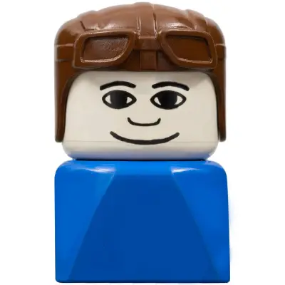  Duplo 2 x 2 x 2 Figure Brick Early, Male on Blue Base, Brown Aviator Hat