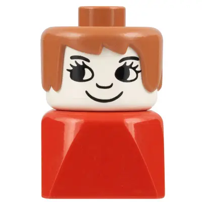  Duplo 2 x 2 x 2 Figure Brick Early, Female on Red Base, Fabuland Brown Hair, Eyelashes, Nose