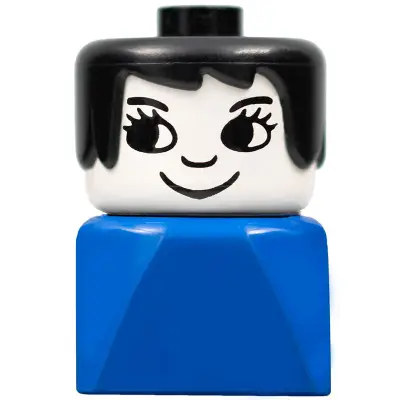  Duplo 2 x 2 x 2 Figure Brick Early, Female on Blue Base, Black Hair, Eyelashes, Nose