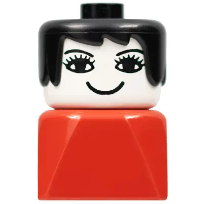  Duplo 2 x 2 x 2 Figure Brick Early, Female on Red Base, Black Hair, Eyelashes, Nose
