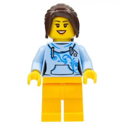  Female with Long Dark Brown Hair, Bright Light Blue Hoodie, and Bright Light Orange Legs