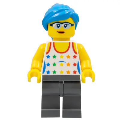  Female, Tank Top with Colored Stars, Dark Bluish Gray Legs, Dark Azure Hair