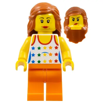  Woman - Tank Top with Colored Stars, Orange Legs, Long Dark Orange Hair