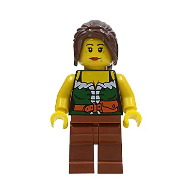  Gold Prospector - Female, Dark Green Corset, Reddish Brown Legs, Dark Brown Ponytail, Red Lips