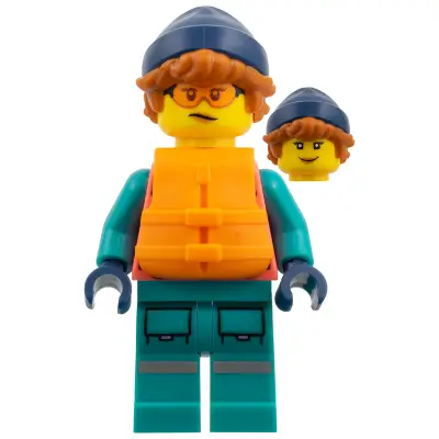 Arctic Explorer - Female, Coral and Dark Turquoise Outfit, Orange Lifevest, Dark Orange Hair, Dark Blue Hat