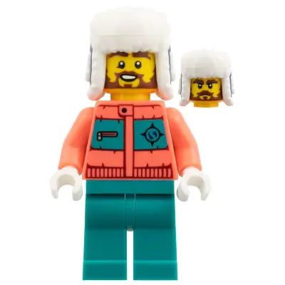  Arctic Explorer - Coral Jacket, Dark Turquoise Legs, Dark Blue Ushanka Hat