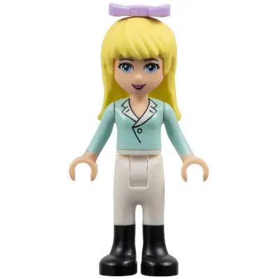  Friends Stephanie - Light Aqua Long Sleeve Top with Collar, White Pants, Black Boots, Lavender Bow