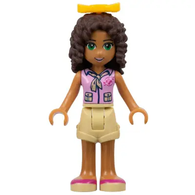  Friends Andrea - Tan Shorts, Bright Pink Top with Red Cross Logo and Scarf, Bright Light Orange Bow