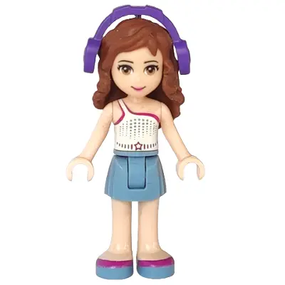  Friends Olivia (Light Nougat) - Sand Blue Skirt, White One Shoulder Top with Magenta Trim,  Headphones