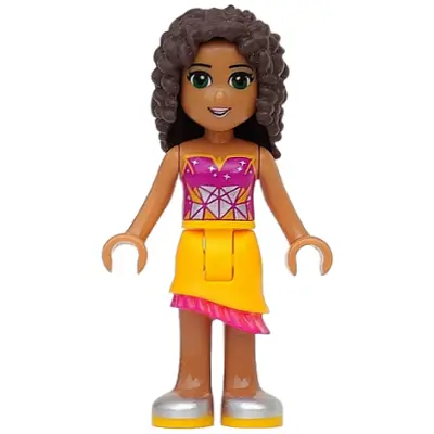  Friends Andrea - Bright Light Orange Asymmetric Skirt with Magenta Fringe, Magenta Top with White Geometric Heart