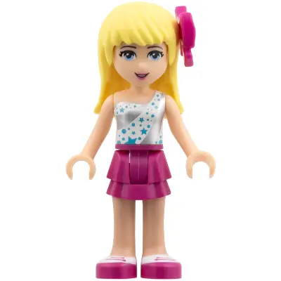  Friends Stephanie - Magenta Layered Skirt, White One Shoulder Top with Stars, Bow