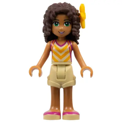  Friends Andrea - Tan Shorts, Tan Top with Bright Light Orange Chevron Stripes, Bright Light Orange Flower