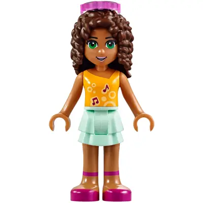  Friends Andrea - Light Aqua Layered Skirt, Bright Light Orange Top with Music Notes, Trans-Dark Pink Glasses