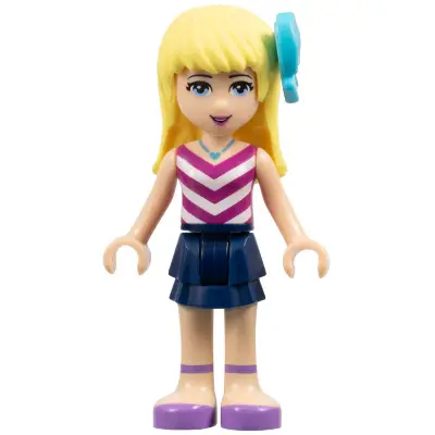  Friends Stephanie - Dark Blue Layered Skirt, Magenta and White V-Striped Top, Medium Azure Bow