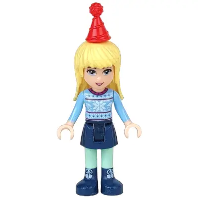  Friends Stephanie - Dark Blue Skirt, Bright Light Blue Fair Isle Sweater with Snowflakes Pattern, Red Christmas Hat