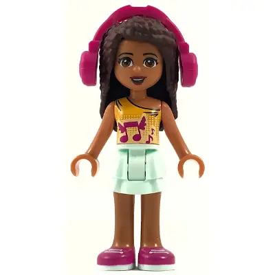  Friends Andrea - Light Aqua Layered Skirt, Bright Light Orange Top with Winged Music Notes, Headphones