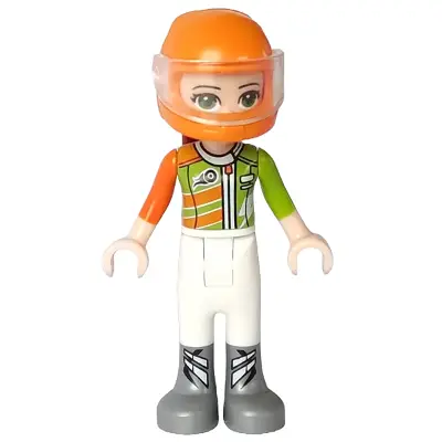  Friends Mia - White Trousers, Lime and Orange Racing Jacket, Orange Racing Helmet with Dark Red Ponytail