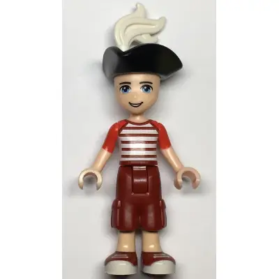  Friends Zack - Dark Red Cropped Trousers Large Pockets, Red and White Striped Shirt, Pirate Tricorne Hat, White Plume