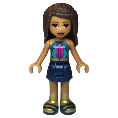  Friends Andrea - Dark Turquoise Halter Top with Magenta Stripes and Dots, Dark Blue Skirt, Gold Boots and Belt